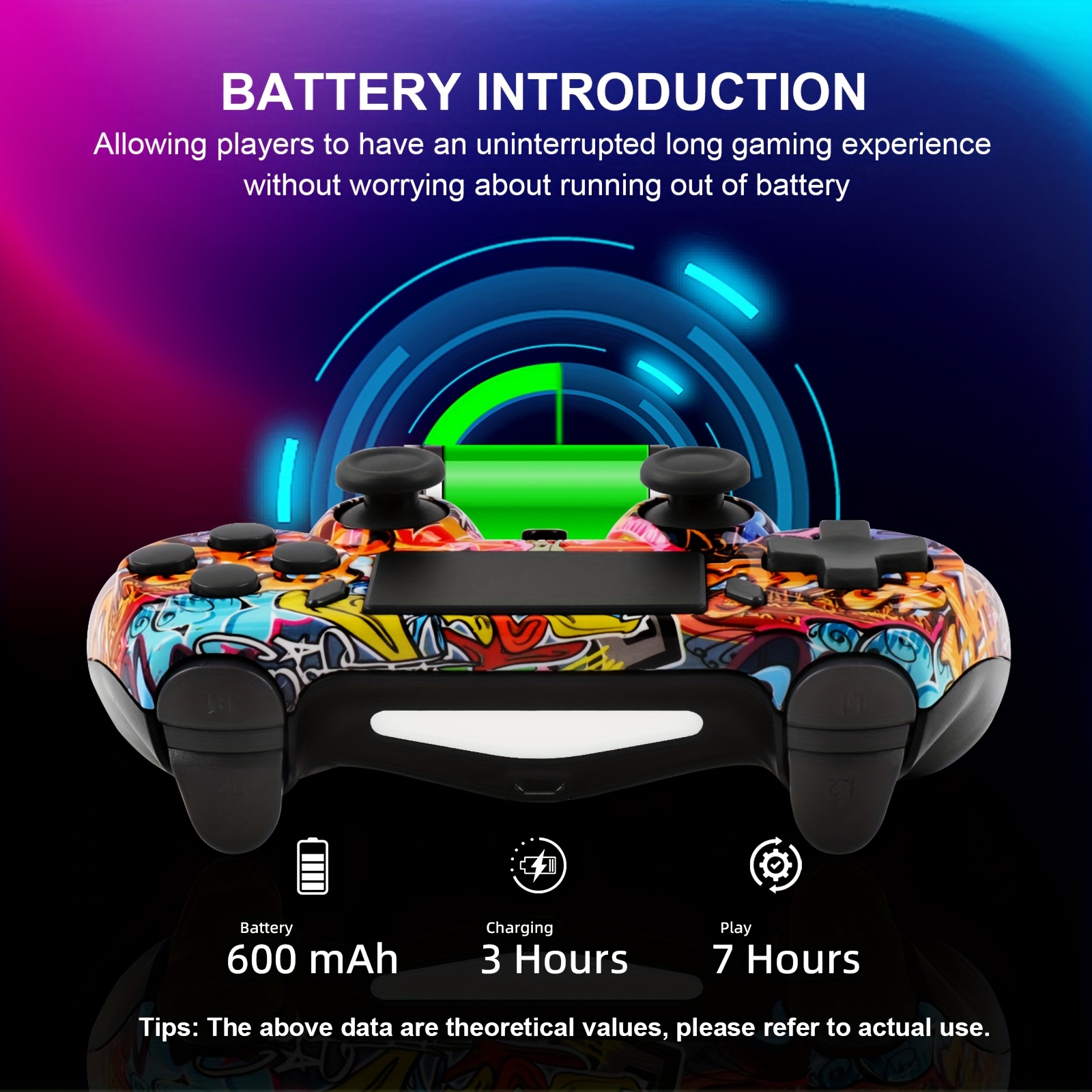 Wireless Game Controller with Graffiti Design, 600mAh Long Battery Life, Wireless, Motion Sensing, Ergonomic Grip for PS3, PS4, PC - Vibrant Colors, Rechargeable Lithium-Polymer Battery, Pc Gaming Peripheral | Vibrant Design | Multifunctional Device