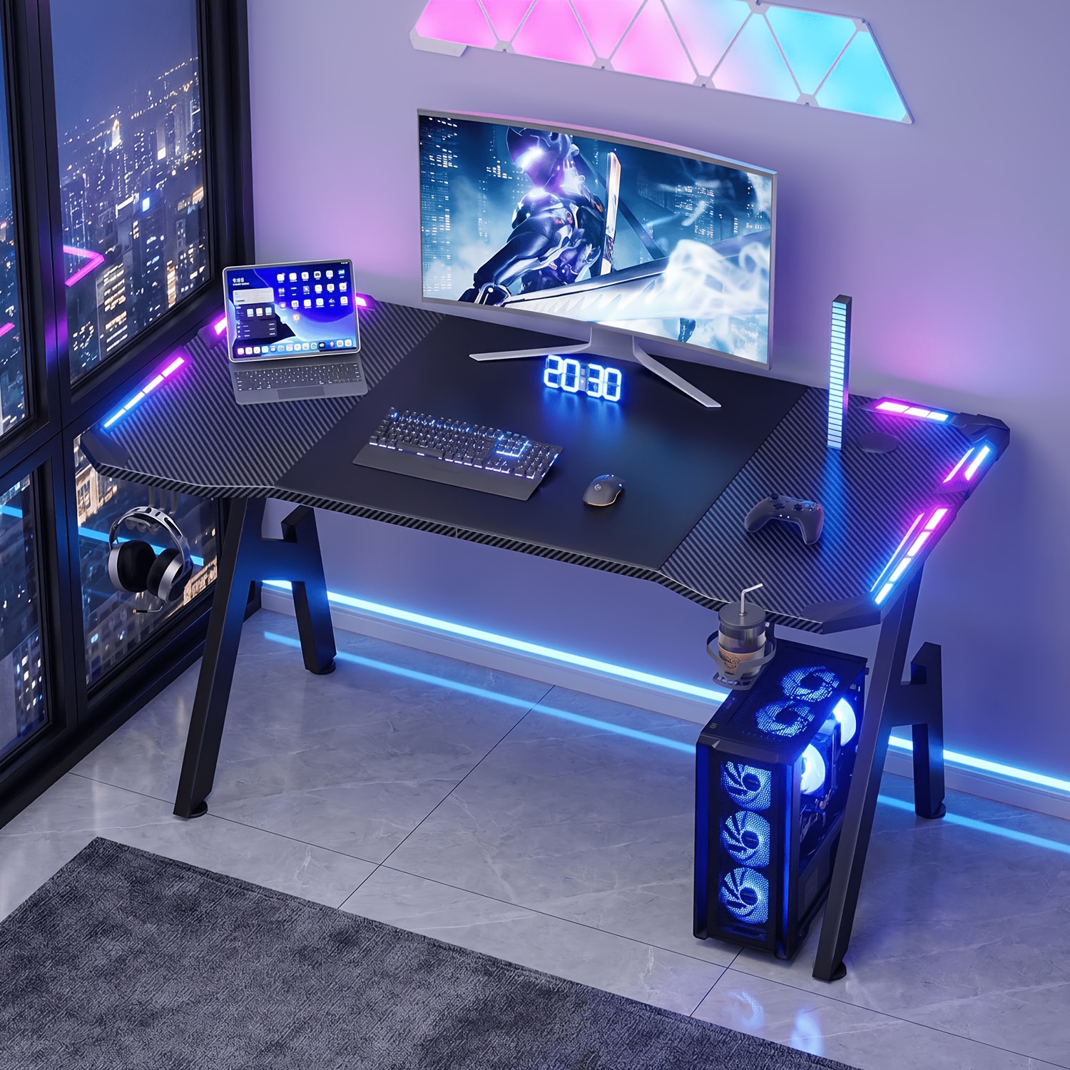 TEMU Bureau de gaming de A 47/55/63 pouces avec LED, porte-gobelet et support pour casque, bureau ergonomique avec surface en fibre de et grand tapis