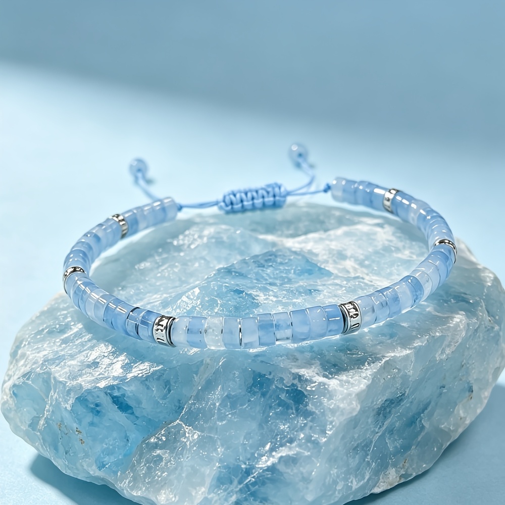 TEMU Natural Aquamarine Handmade Woven Bracelet 1pc, And Bracelet, Suitable For Daily All-match Wear, Perfect Ocean-colored Bracelet, Ideal Gift For