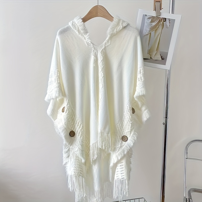 

Elegant Polyester Knit Shawl With Fringe Detail - Solid Color Hooded Poncho-style Wrap For Women, Weekend Casual, Warm & Decorative With Woven Craftsmanship