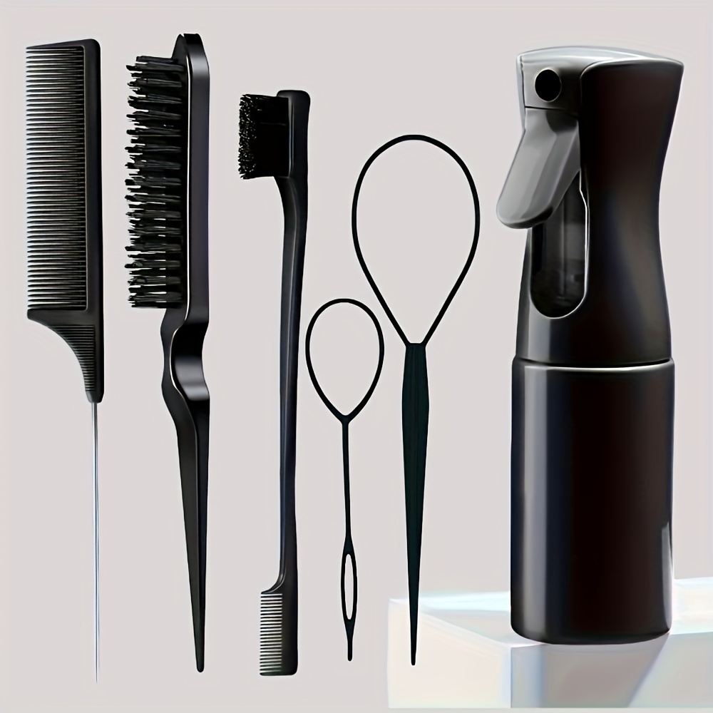 

6pcs/set Hair Styling Tool Set, Professional Hair Spray Mist Bottle, Edge Control Brush, Rat Tail Comb, Braiding Tools, Teasing Hair Brush, Hairdressing Tools