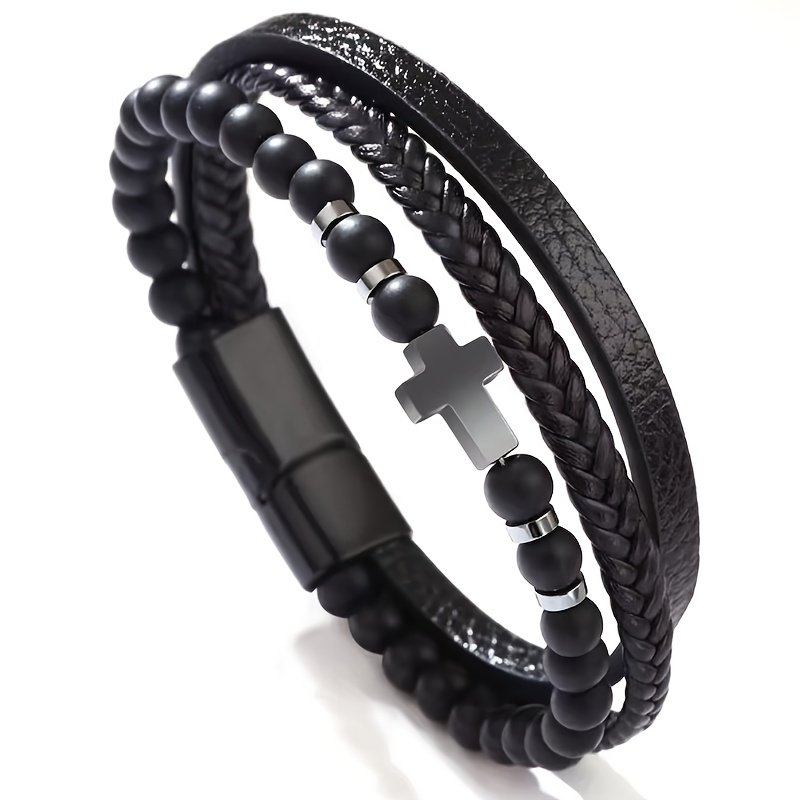Stainless Steel Genuine Leather Eye Natural Bracelet With Cross Charm For Good Luck Jewelry Accessory