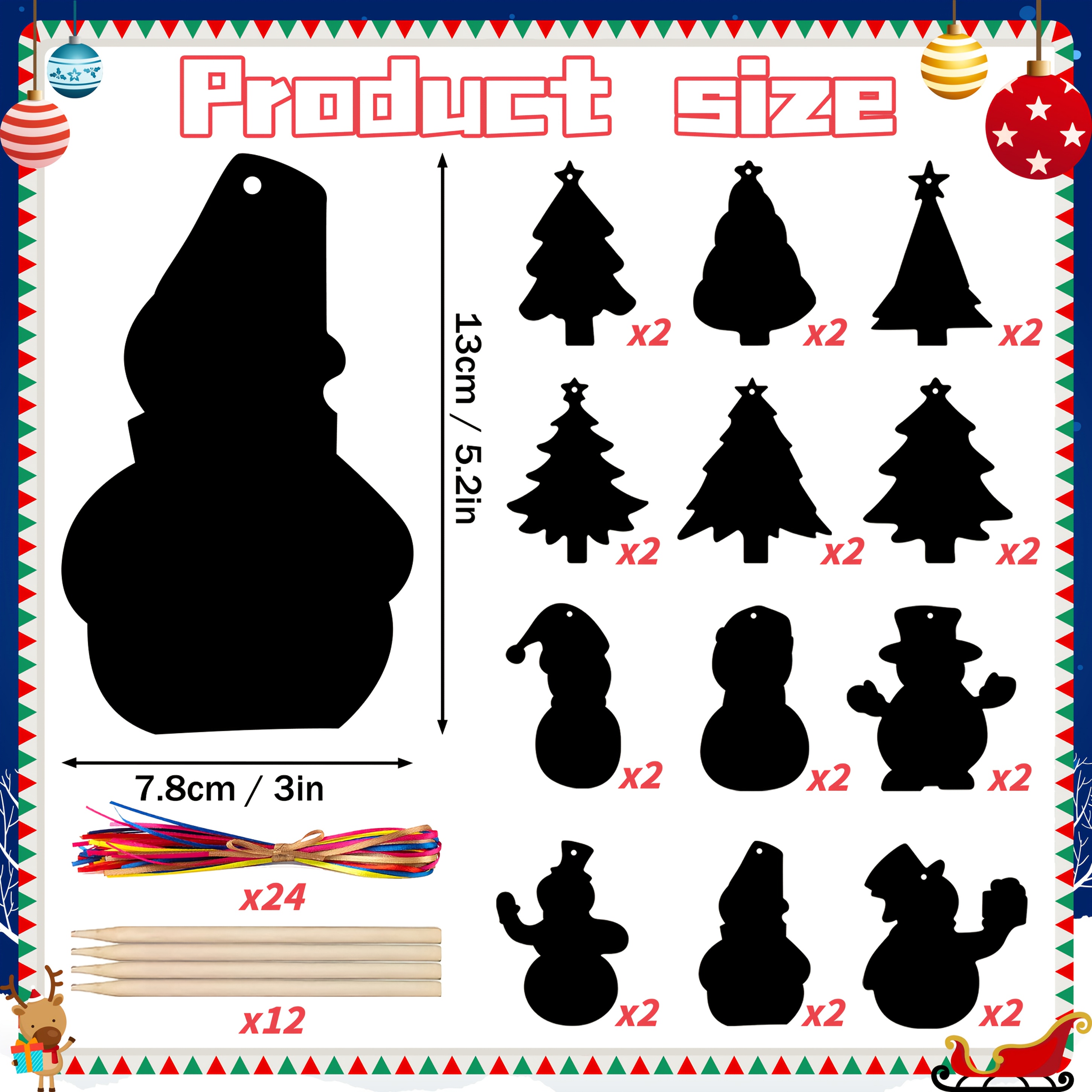 Image of 48/24 Pcs Magic Cards, Christmas Crafts Scratch Art For Snowman & Christmas Tree, Christmas Ornaments Hanging Art For Party Favors Supplies