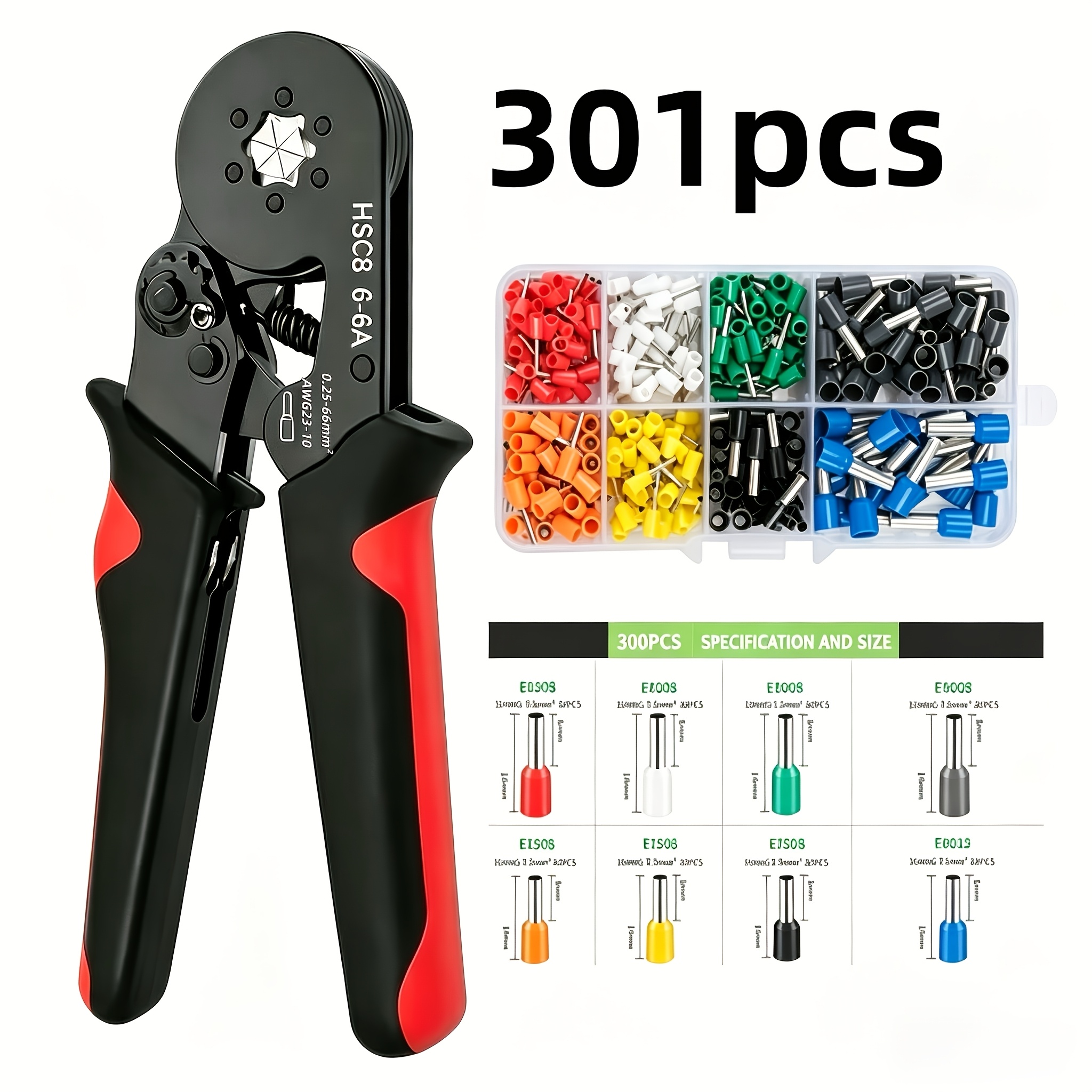 TEMU 301pcs Mini Electrical Crimping Kit, Suitable For Hsc8 6-6a Hex Crimping Pliers 0.25-10mm² / Awg23, Includes 300pcs Of 8 Sizes Ve Tubular