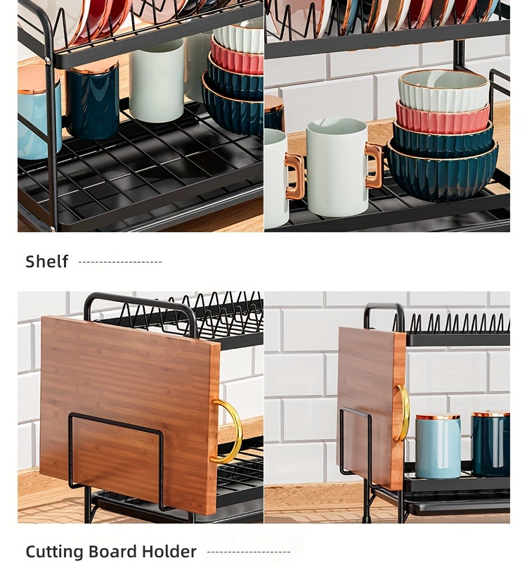 1шт. сушилка для посуды на столе, двухъярусная сушилка с поддоном для слива и держателем для губки, многофункциональная экономящая место стойка для хранения посуды для вилок, палочек для еды, разделочных досок, мочалок, кухонных аксессуаров, детали 3
