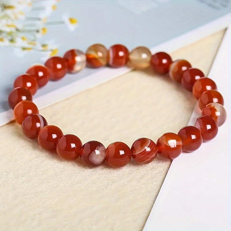 TEMU 1pc Carnelian Crystal 12mm Round Beads Elastic Bracelet For Men Birthday Gift