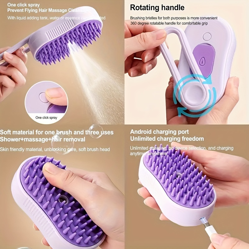 3 in 1 steam pet brush usb rechargeable foldable   grooming tool with silicone bristles suitable for long short hair plastic 36v or below voltage pet supplies cat grooming accessories 2
