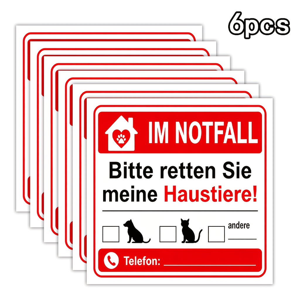 Image of 6pcs/pack German Emergency Stickers, 4×4 Inch Pvc Labels. Our Pets In Emergency, Animal Safety Warning Decals, Perfect For Window And Door Decoration