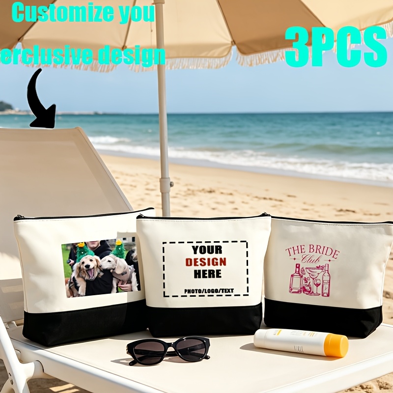 TEMU 3pcs Gyteck Customizable Zipper Toiletry Bags Suitable For Image/logo/text, Reusable Gift Organizer With Logo, Lightweight Zipper Closure Pouch