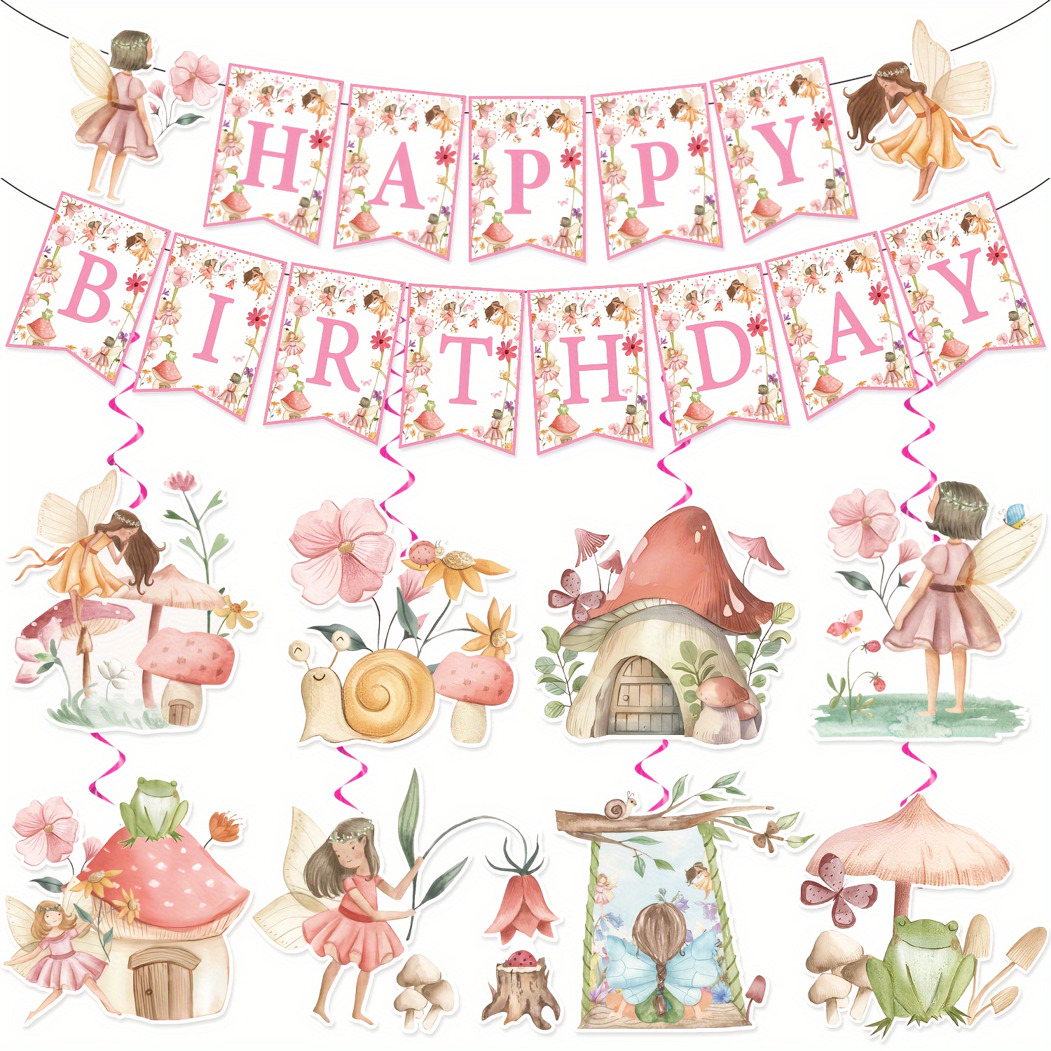 

Festive 31-piece Fairy Themed Birthday Party Banner Set With Spiral Tassels - Paper Decorations For Kids' Parties - Suitable For Ages 18 Months And Up