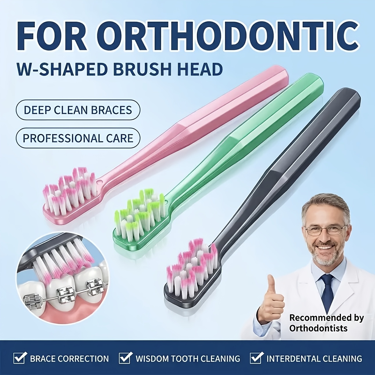 W-Shaped Wave Brush Head Toothbrush 3pcs Set with Soft Bristles