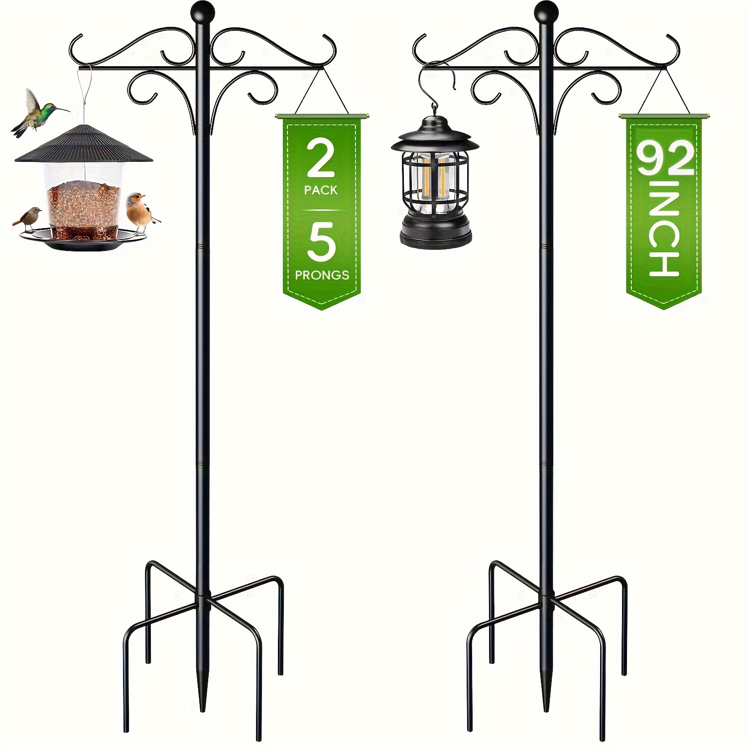 

2-pack 92 Inch Heavy Duty Metal Shepherds Hooks, Rustic Outdoor Hanging Pole With 5 Base, Adjustable For Birdhouses, Lanterns, Plant Baskets, Wind Chimes, Easy Wall Mount Installation