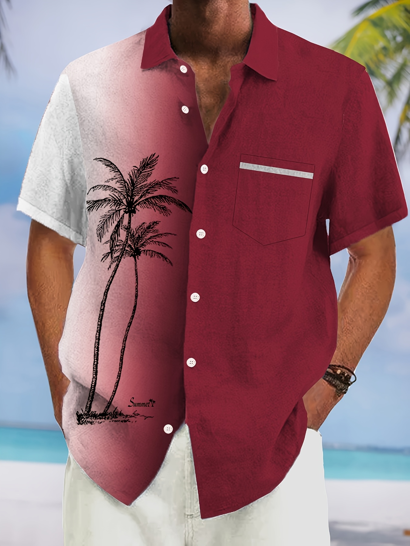 Men'S Vintage Tropical Coconut Tree Gradient Shirt - Turquoise to White Ombre Button-Up Beach Shirt with Palm Tree Print, Non-Stretch Fabric for Casual & Formal Events - All-Season Tropical Vacation Outfit - Plus Size Friendly Classic Collar Button Front Placket, Beach T Shirt, Summer Outfit, Retro Style, Durable Construction, Short Sleeve Top, Summer Wardrobe, PLUS SIZE, Spring And Summer Tropical Vacation Outfits (Short Sleeves/Long Sleeves), HAts/ShIrts/Pajamas, Beachy Items