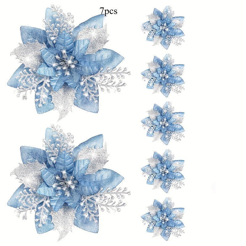 TEMU 7pcs Blue Glitter Poinsettia Artificial Flowers - Clip-on Plastic Christmas Tree Ornaments, Wreath And Home Decor - Non-electric, Decoration For