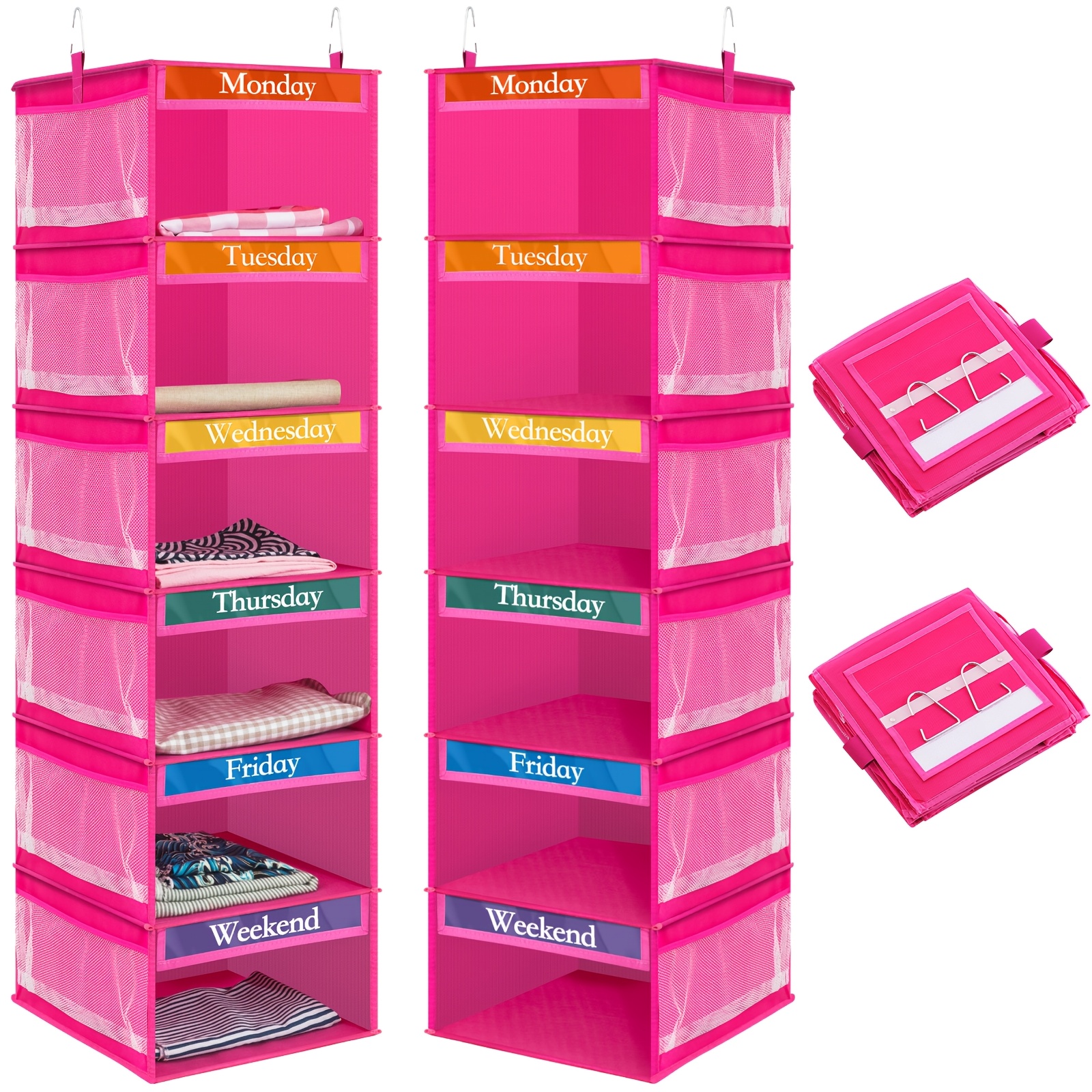2pcs Rose Red 6-Weekly Hanging Closet Organizer for Youngsters - Space-Saving Fabric Storage Solution with Color-Coded Shelves & Extra Storage Box, No Assembly Required, Perfect for Daily Wear, Mounted Closet Systems