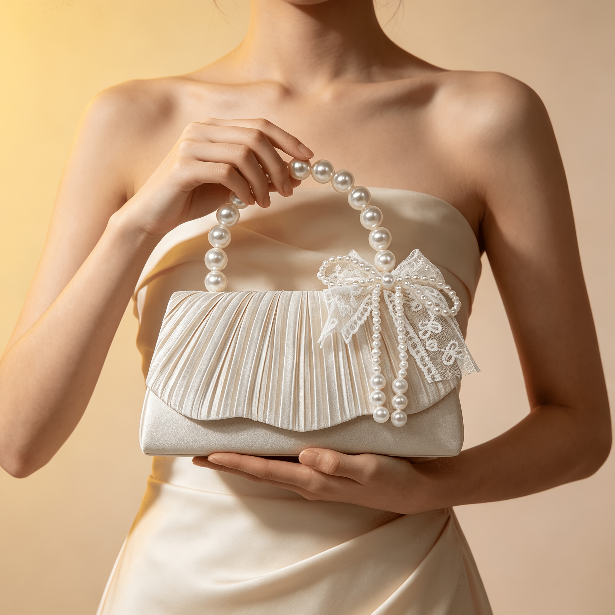 TEMU Apricot Satin Pleated Evening Clutch With Lace Pearl Bow And Pearl Handle, Versatile Bridal Handbag For Wedding And Cocktail Events
