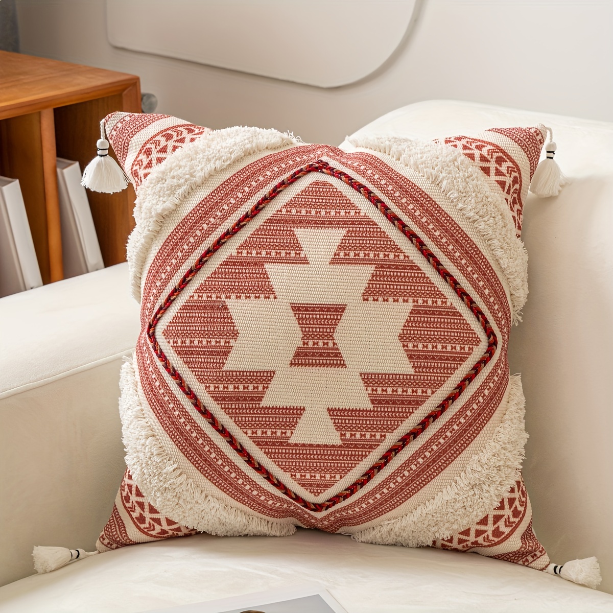 TEMU [ ] 1 stuks Stijl Kussensloop, Boheemse Kussenhoes, Geometrisch Vierkant met Hanger Decoratie, Decoratieve Bank Kussensloop, Huisdecoratie, Bank