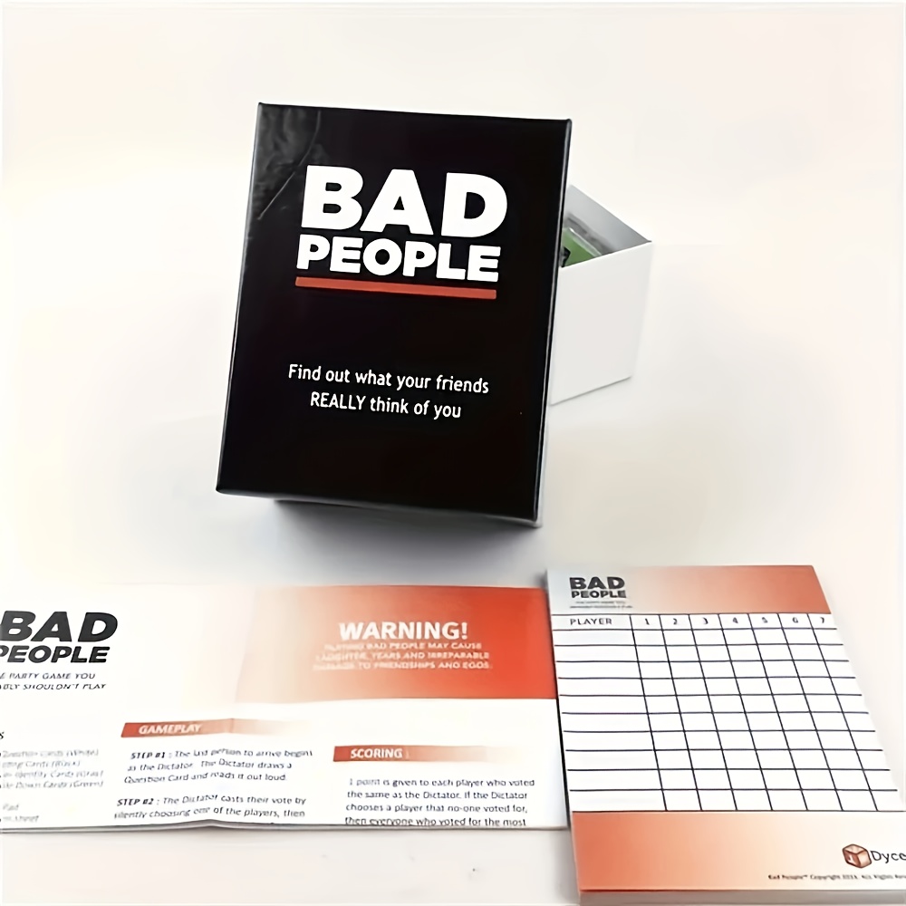 Bad People Party Game - Interactive Card Game with Bold Red & White Text, Black Box & 52-Card Set for Family Fun, Game Nights, Social Gatherings - Durable Cardstock, No Cards Included, Playful Packaging