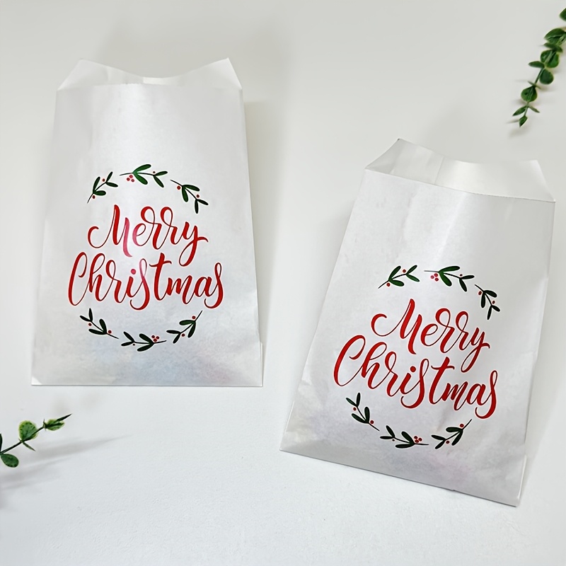 Image of 25pcs Christmas Gift Bags, Green Leaf And Red Letter Christmas Decorative Gift Bags, 13x18cm White/ Paper Bags For Christmas Party And New Year Decorations