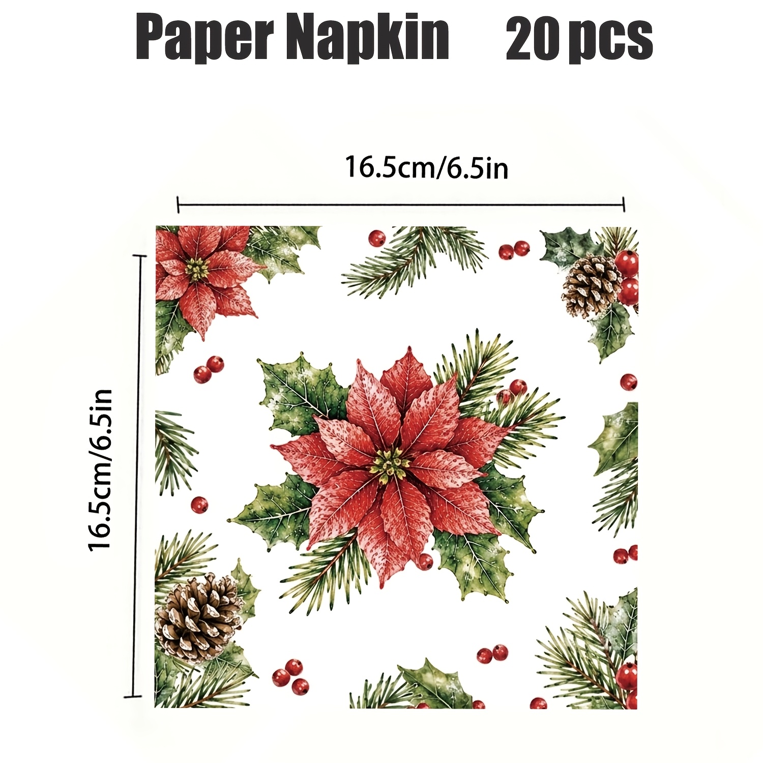TEMU Luxenara Christmas Paper Napkins Suitable For Xmas Dinner, Poinsettia Print With Red Berries, 2-ply Thick Table Napkins For Holiday Parties,