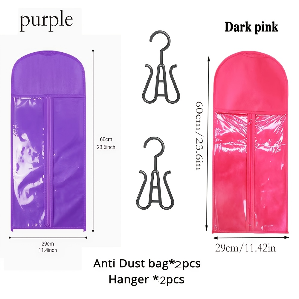 TEMU 4pcs Wig Storage Bag Set, Including 2 60cm Storage Bags And 2 Hooks, In Purple And Magenta Combination. Suitable For Wig Storage, Portable Wig