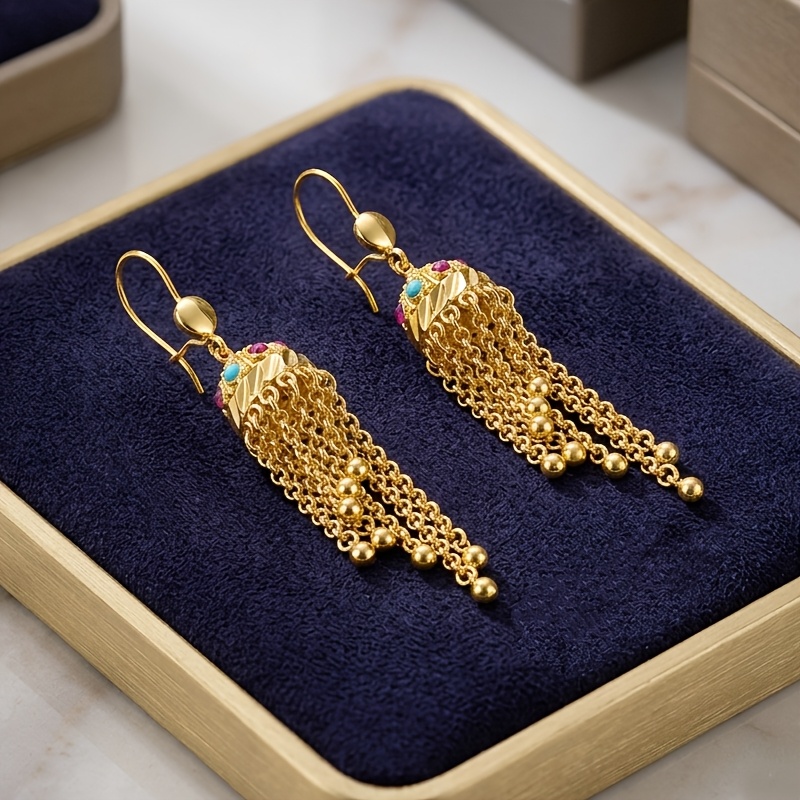 Women's Vintage Ethnic Copper Long Chain Tassel Earrings