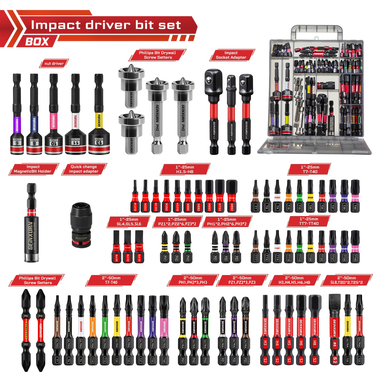 TEMU Jeu de 99 embouts de tournevis à impact magnétique avec boîte de rangement, S2 en acier, hexagonaux, Torx, Phillips, embouts de tournevis à