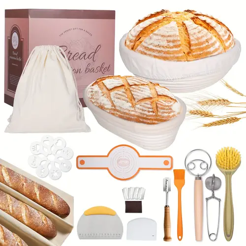sourdough bread baking supplies set 10 inch oval 9 inch round bread proofing baskets with linen liner silicone bread sling danish dough whisk dough scraper kit silicone brush