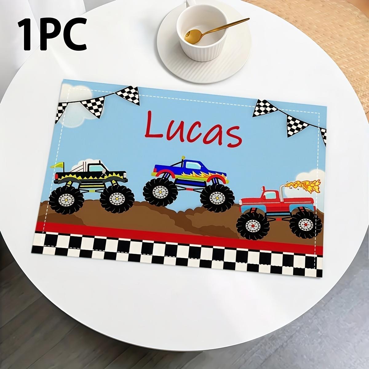 TEMU Customizable Name Cartoon Three-color Monster Truck Pattern Placemats Available In 1/2/4/6pcs, Featuring Style/pattern Descriptions, Washable