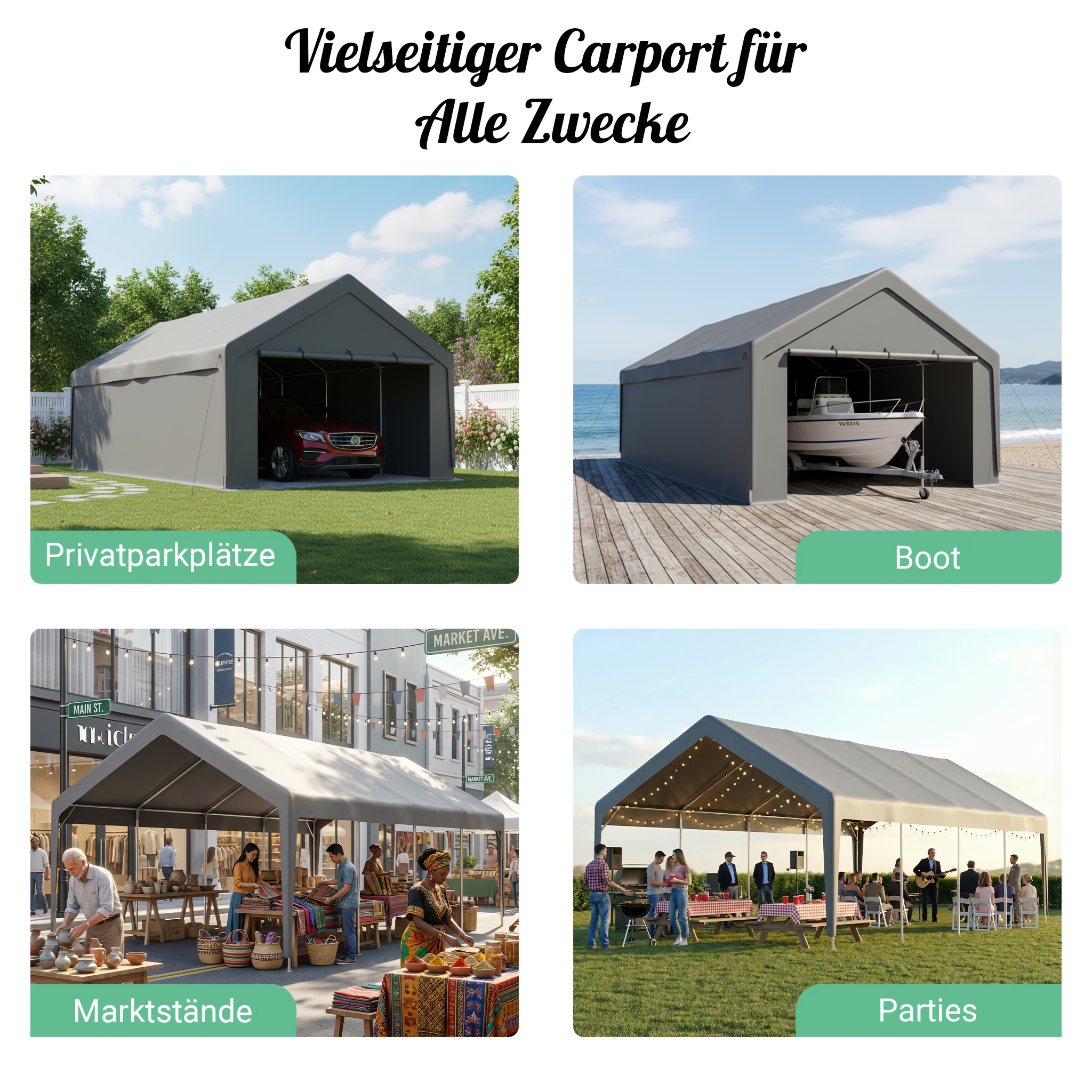 765 X 400 Cm Outdoor Carport For Car, Truck And Boat, Grey Heavy-duty Garage With Rainproof And Uv-resistant Tarpaulin, Galvanized , Removable , Temporary Garage Organization And Storage