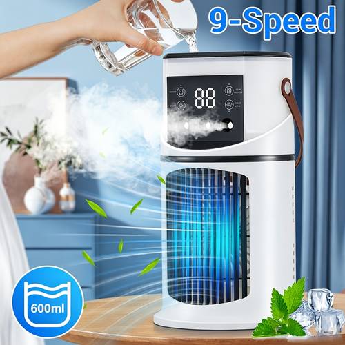 Portable Air Conditioner Humidifier, 3-In-1 Compact Desktop Blower with 9 Adjustable , 600ML Water Tank, 8H Adjustable Timer, Suitable for Indoor And Outdoor Use in Rooms, Living Rooms, Schools, Essential Cooling Device for Office And Home Use