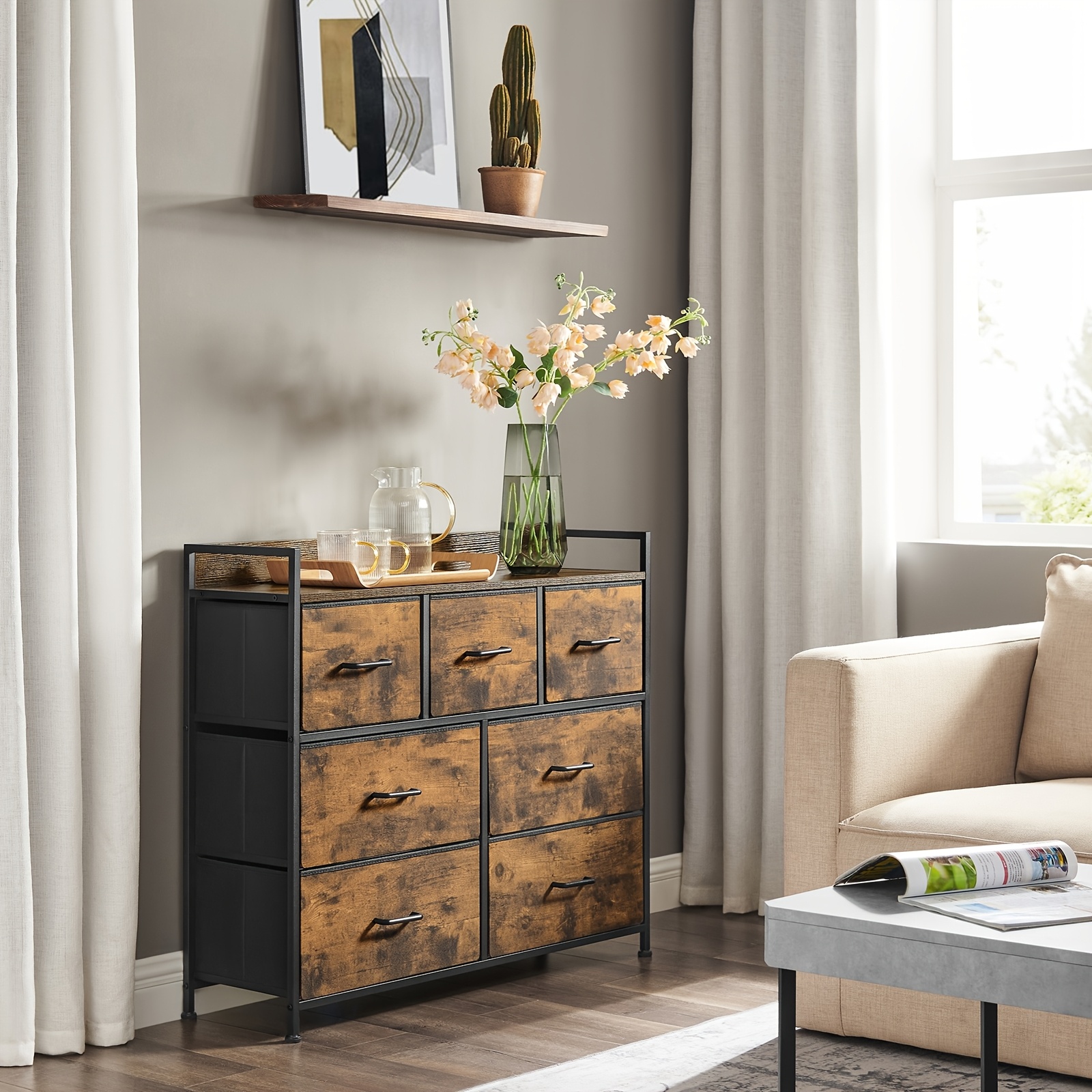 TEMU Chest Of Drawers, Bedroom Cabinet, 7 Fabric Drawers With Handles, Metal Frame