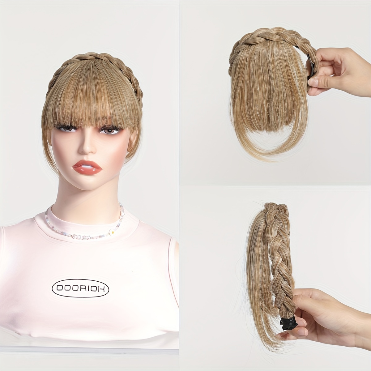 elegant synthetic hair braided headband with bangs straight hair extension for women adjustable hair accessory for styling and   styling tools   design details 0