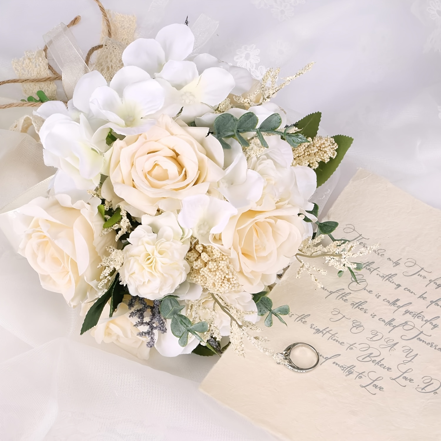 Image of Artificial Rose Bouquet Bridal Bridesmaid Flowers Outdoor Photography Props Handheld Faux Flower Bouquet Wedding Decoration Photo Props Gift Holiday Present Wedding Decor Outdoor Faux Flowers White