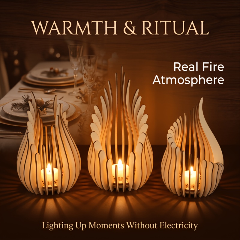 TEMU Set Of 3 Composite Holders, Irregular Flame-shaped Candlestick Set, Decorative Composite Wood Table Centerpiece For Halloween Christmas Home &