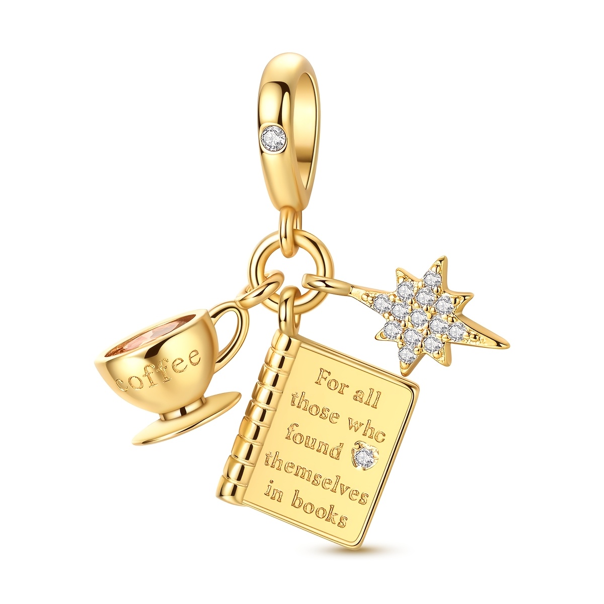 TEMU 1pc 18k Gold Plated Coffee Cup Book Charm Fit Original Bracelet Necklace Beads For Jewelry Making, For Women' Jewelry Additions - Birthday