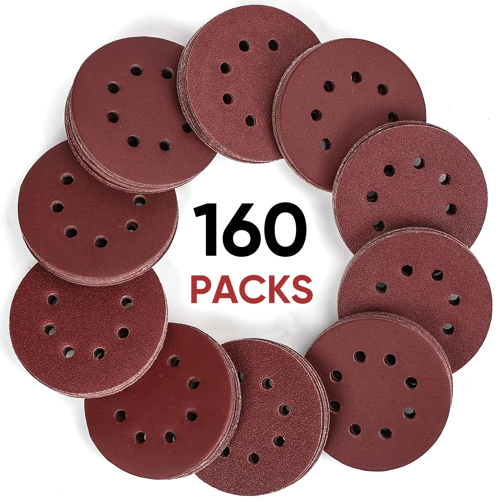 TEMU 160pcs Tool Set With 125mm Hook And Loop Sandpaper, 20 Mixed Grit Sheets (40/60/80/120/180/240/320/400/600 Grit), 8-hole 5-inch Round Sanding