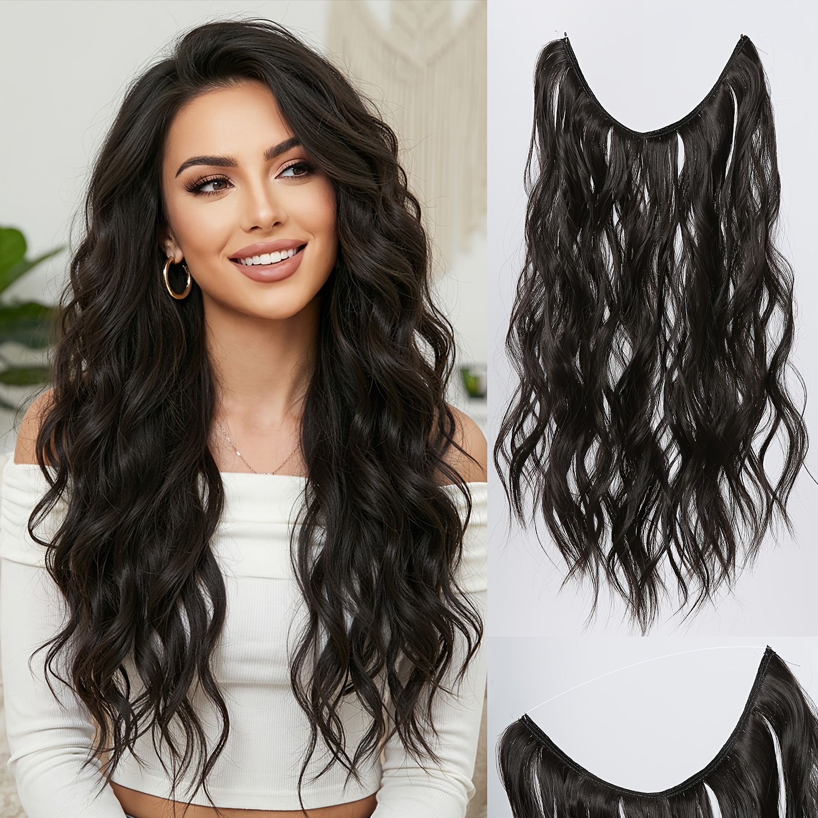 22 Inch Hair Extensions Fish Line, Synthetic Hair, Invisible Wire Extensions, Loose Wave Hairpieces For Women, Looks Pair Effortless , Suitable For Daily Party Festival And Cospaly Use