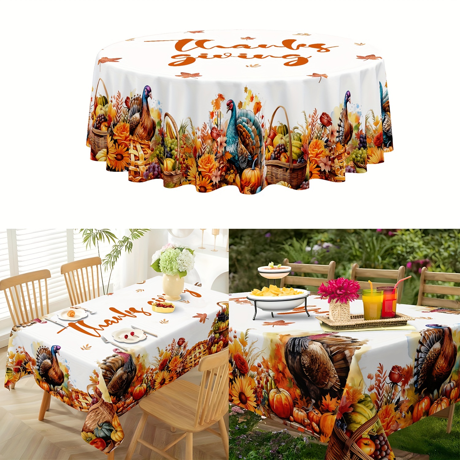 

Vibrant Thanksgiving Tablecloth - Turkey & Pumpkin Design, Waterproof & Oil-resistant Polyester, Washable For Kitchen & Dining Decor, Thanksgiving