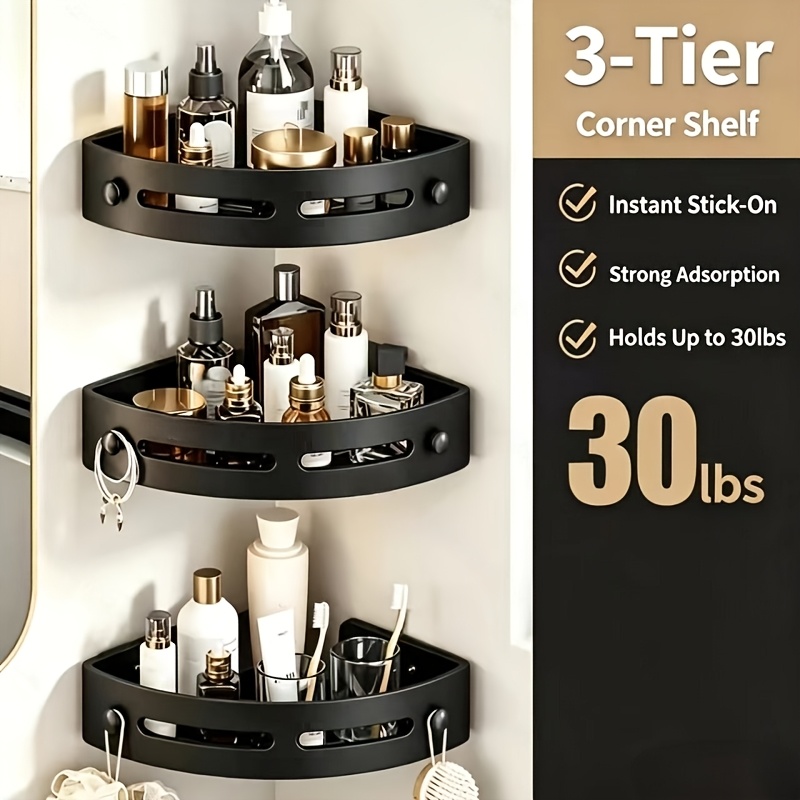 TEMU 9pcs (3pcs Shelves And 6pcs Hooks) Black No-drill Bathroom Corner Shelves, No Drilling Required, , Tidy Organization Of Bathroom Items: Space-