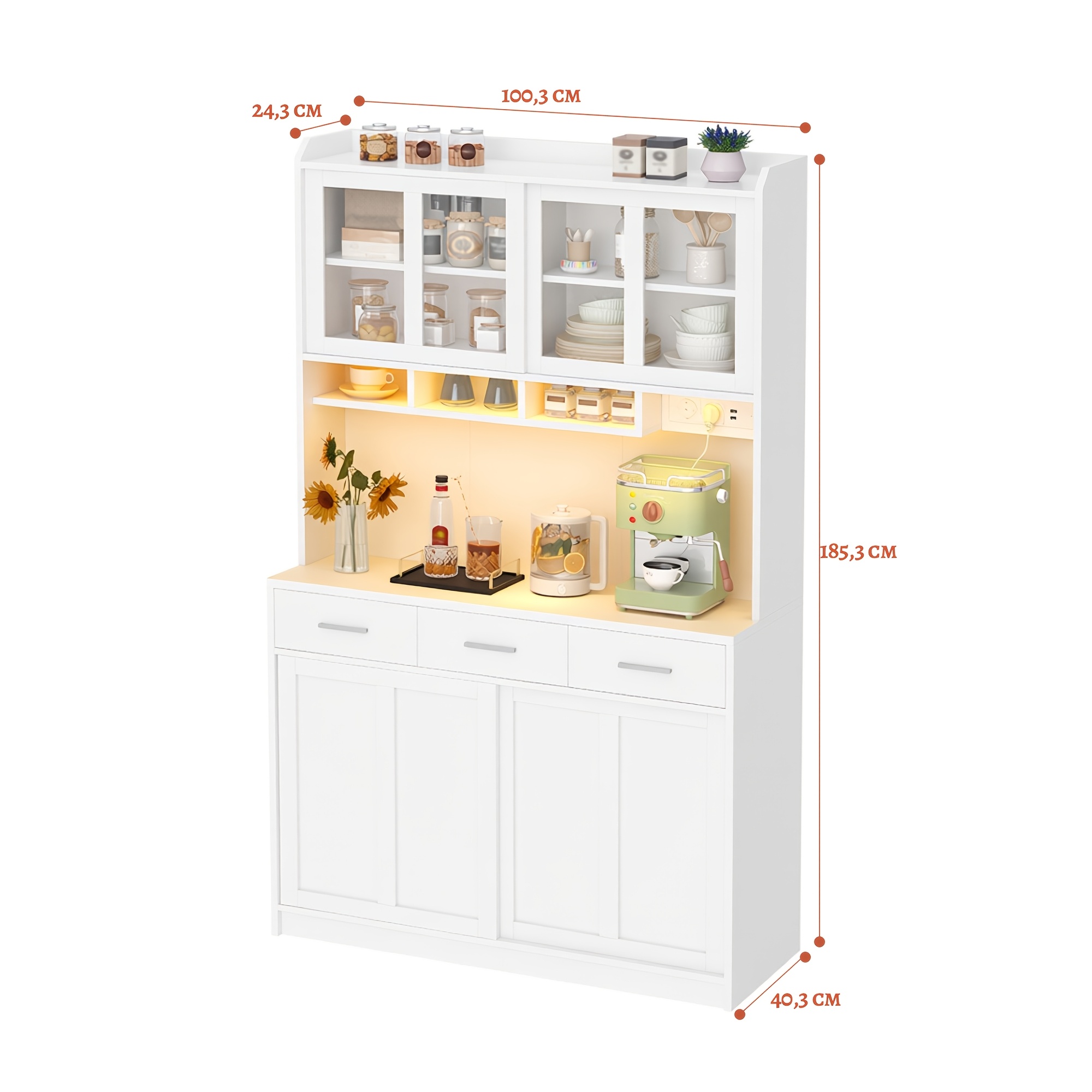Tall Kitchen Sideboard With 3 Sliding Doors, 3 Drawers, Built-in Usb Socket, , Adjustable Shelves, And Anti-tipping Design. White Tall Cabinet