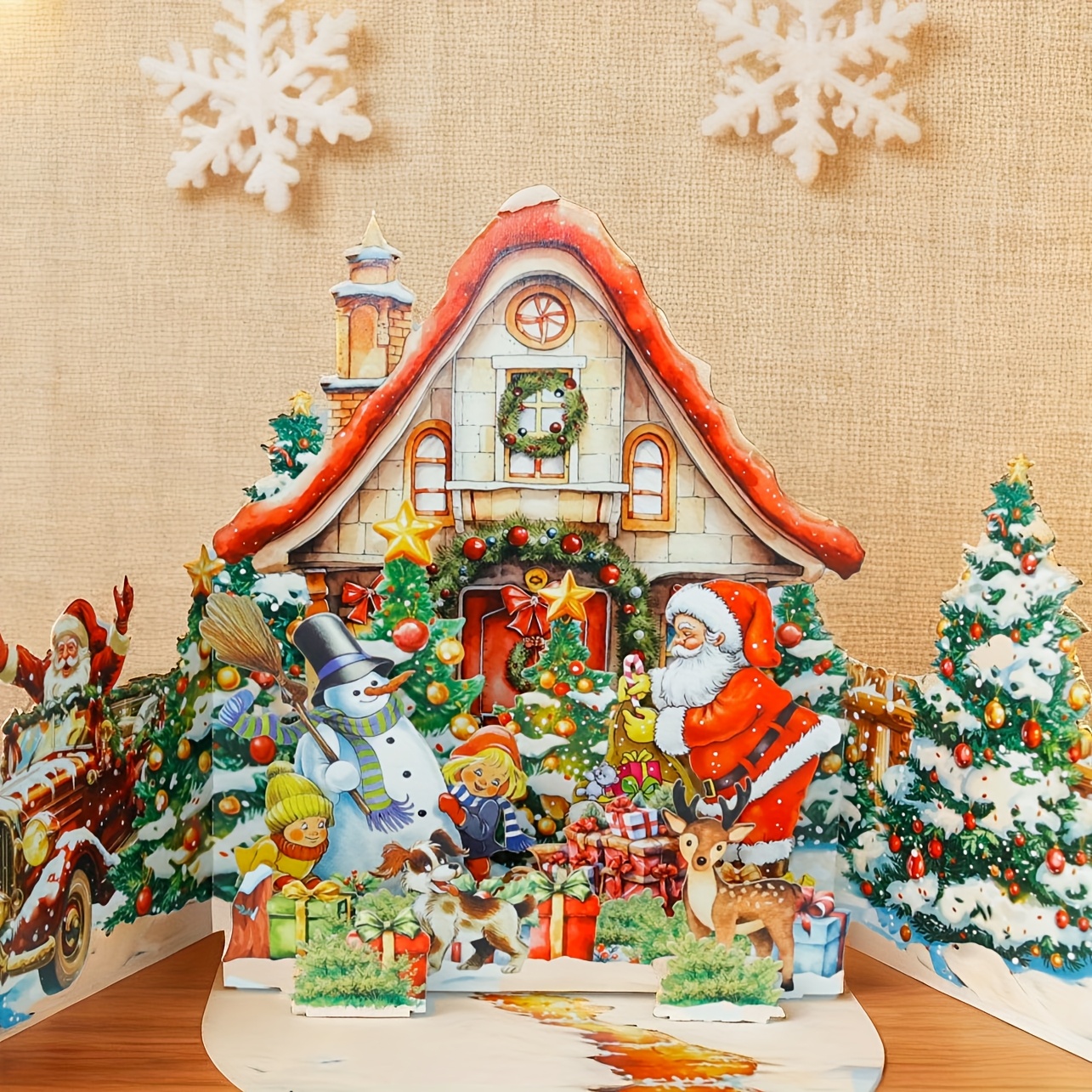 E-shop Magische 3D Weihnachts Pop-Up Karte, festliches Weihnachtsmann- und Schneemann-Design, Vintage-Grußkarte für Feiertagsfeiern und Deko,
