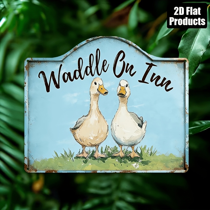 TEMU 2d Flat, 1pc Vintage Wooden Plaque, 'waddle On Inn', 2 Ducks On Grass, Farmhouse Kitchen, , Or Cozy Porch Decor