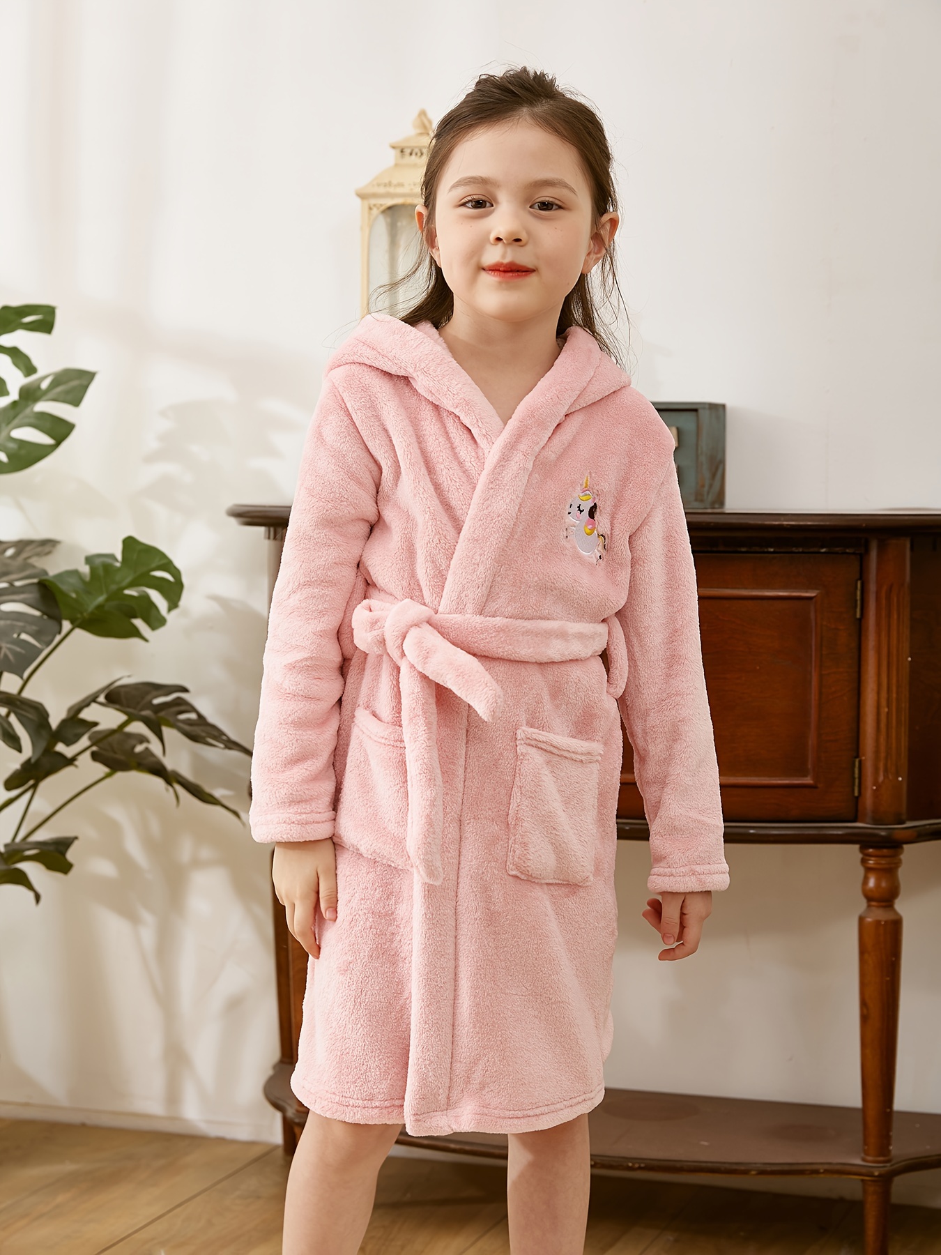 Baby Girls Robe Pink Hooded Dressing Gown Cute Soft Fleece Nightwear Bath  Robes