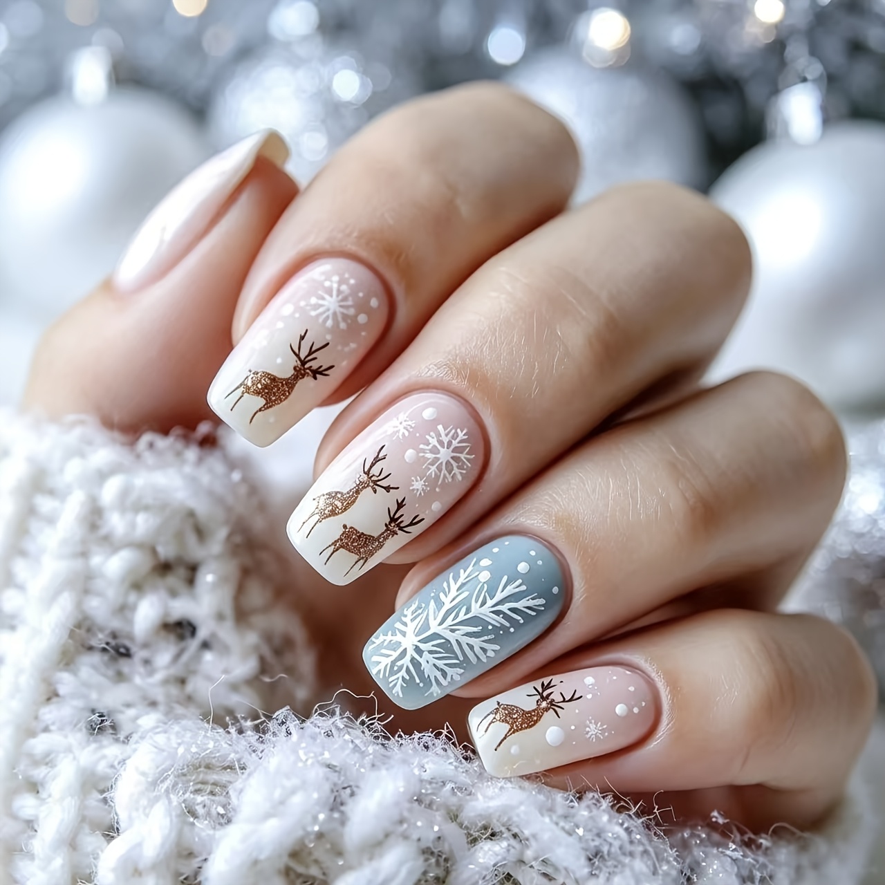 TEMU 24pcs Milky Christmas Reindeer Press-on Nails Suitable For , Glitter Deer & Snowflake Nail Art With Medium Shape, Removable Winter Nail