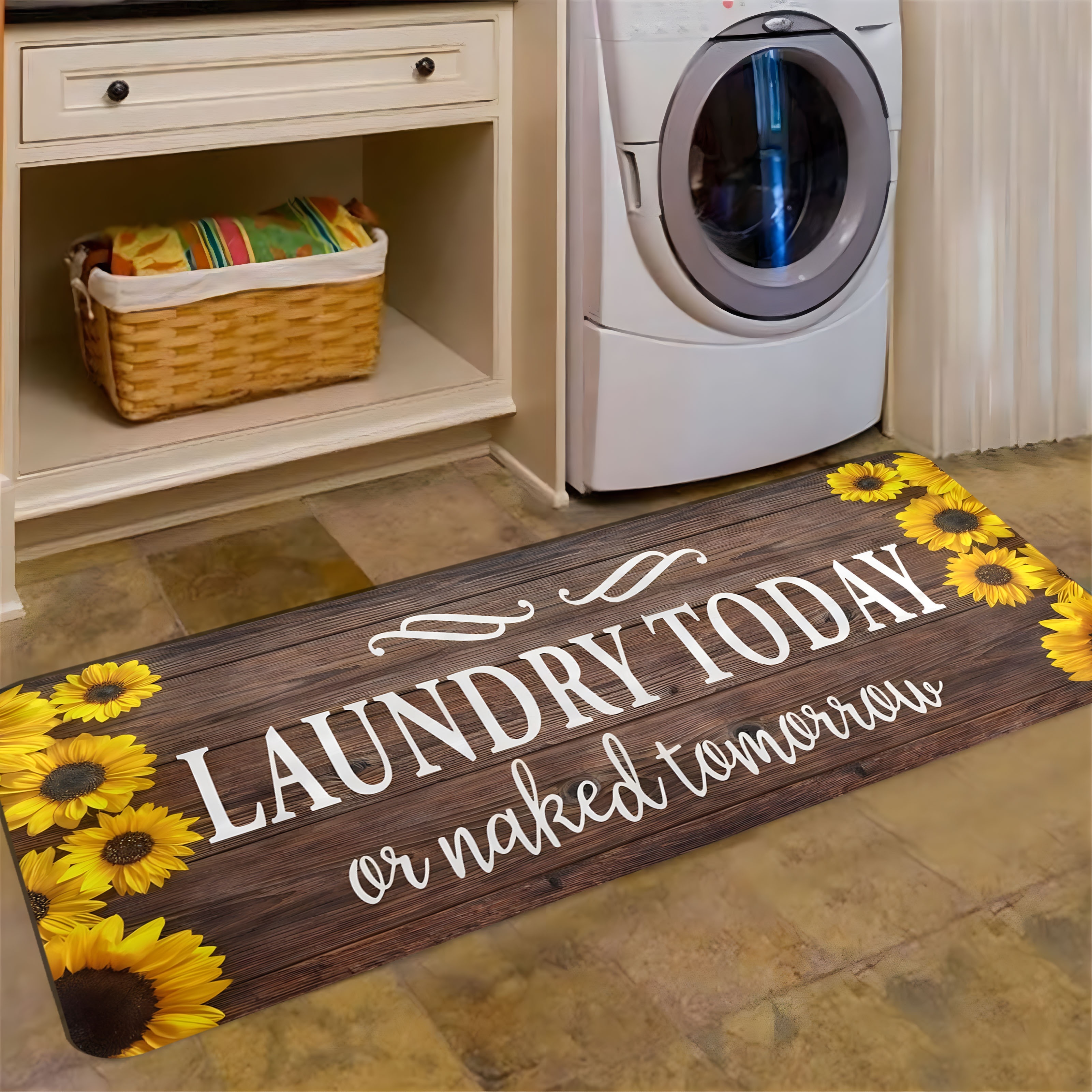 

Room Runner Rug - Non-slip, Machine Washable, Polyester, Soft Flannel, Wood Grain "laundry Today Or Naked Tomorrow" Lettering, Versatile Size Options, Farmhouse Decor, For Laundry, Kitchen, Hallway