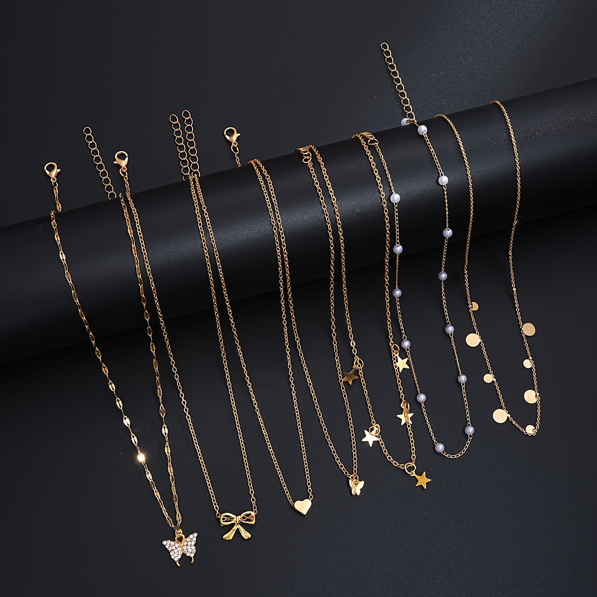 7pcs Vintage Rhinestone Butterfly, Heart, Bow Pendant Necklace Set
