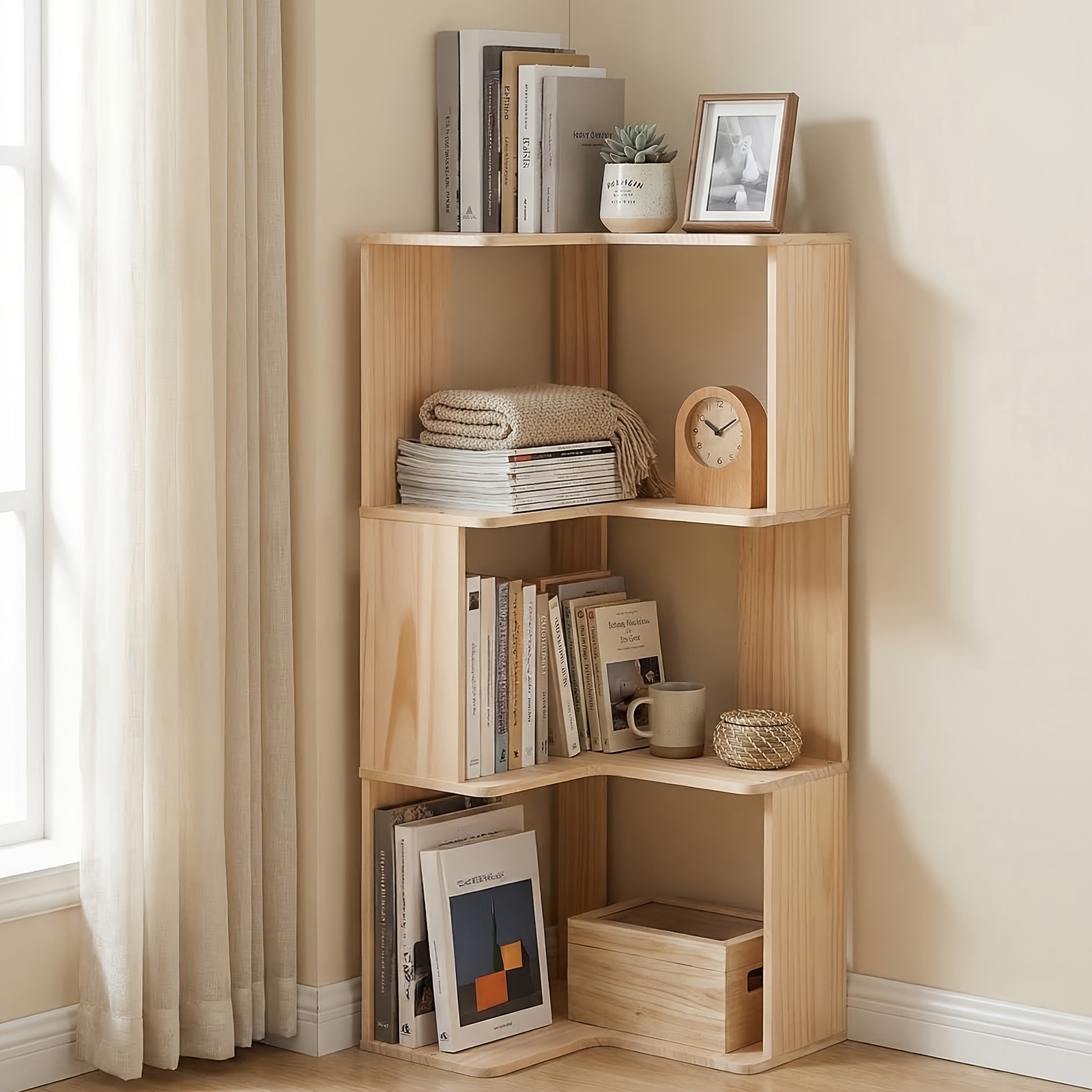 TEMU Floor Storage Rack Corner Shelf Corner Bookshelf, 90° Fitting Design Makes Of Dead Corner Space, Rounded Corners Are Smooth To Prevent , Bedroom