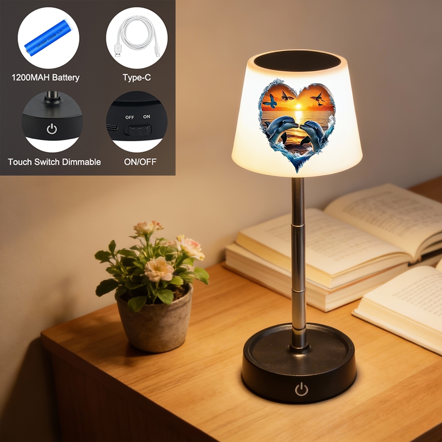 Dolphin Rechargeable Desk Lamp, Height-Adjustable LED Mood Light