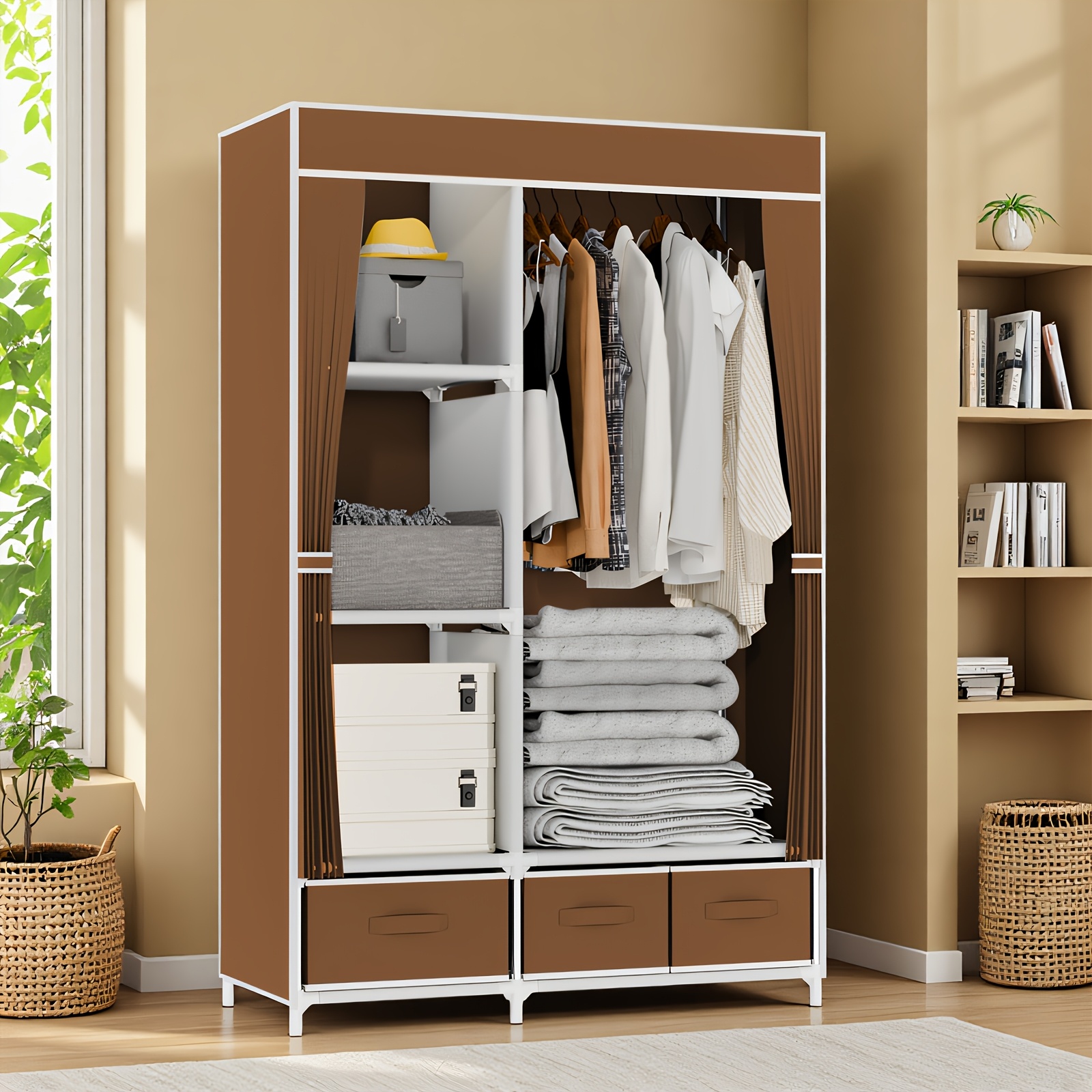 TEMU Armoire portable en tissu non tissé avec 3 tiroirs, barre de suspension et 4 poches latérales, cadre en tube métallique de 16 mm, pour chambre à